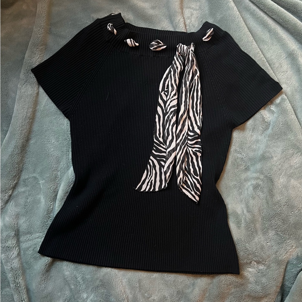 Black Top with Zebra Print Scarf Detail